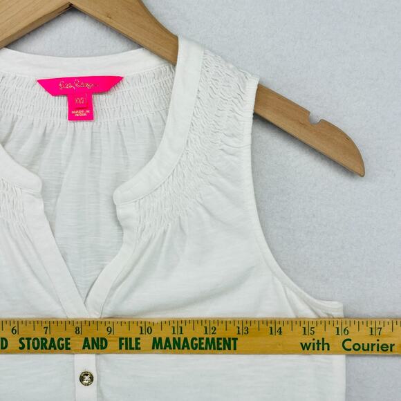 LILLY PULITZER Tank Top 2XS Essie Popover Smocked Palm Beach Slub Cotton White - Picture 13 of 15